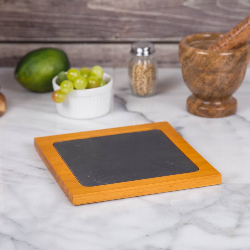 Creative Home Pine Wood 7.5" Square Trivet with Slate Insert