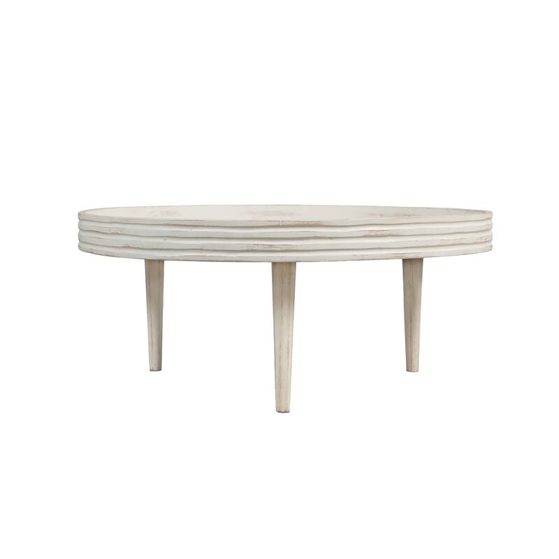 33 Inch Coffee Table, Solid Mango Wood, Handcrafted Round Grooved Raised Edge Distressed White