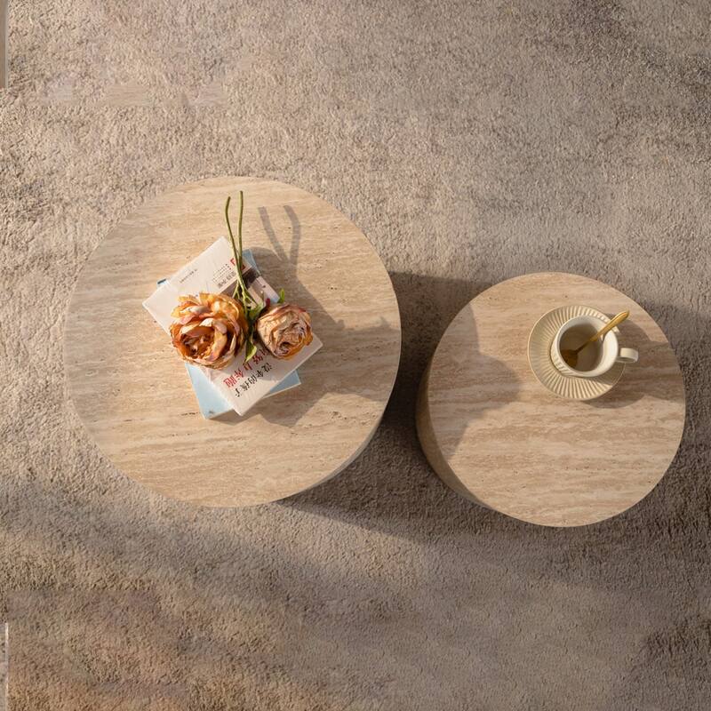 Nesting Coffee Table Set of 2, Round Wooden Coffee Tables, Circle Modern Table for Small Space, Living Room