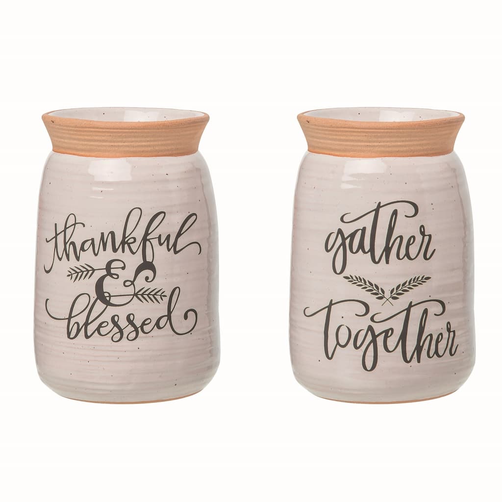 Transpac Terracotta 6 in. White Autumn Thankful and Blessed Gather Together Container Set of 2