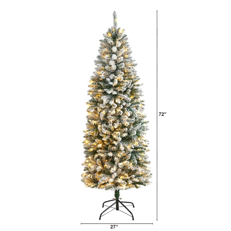 6ft Slim Artificial Christmas Tree with Lights - Winter Fir Tree, Prelit Holiday Decor, Realistic Flocked Tree - Green - 72