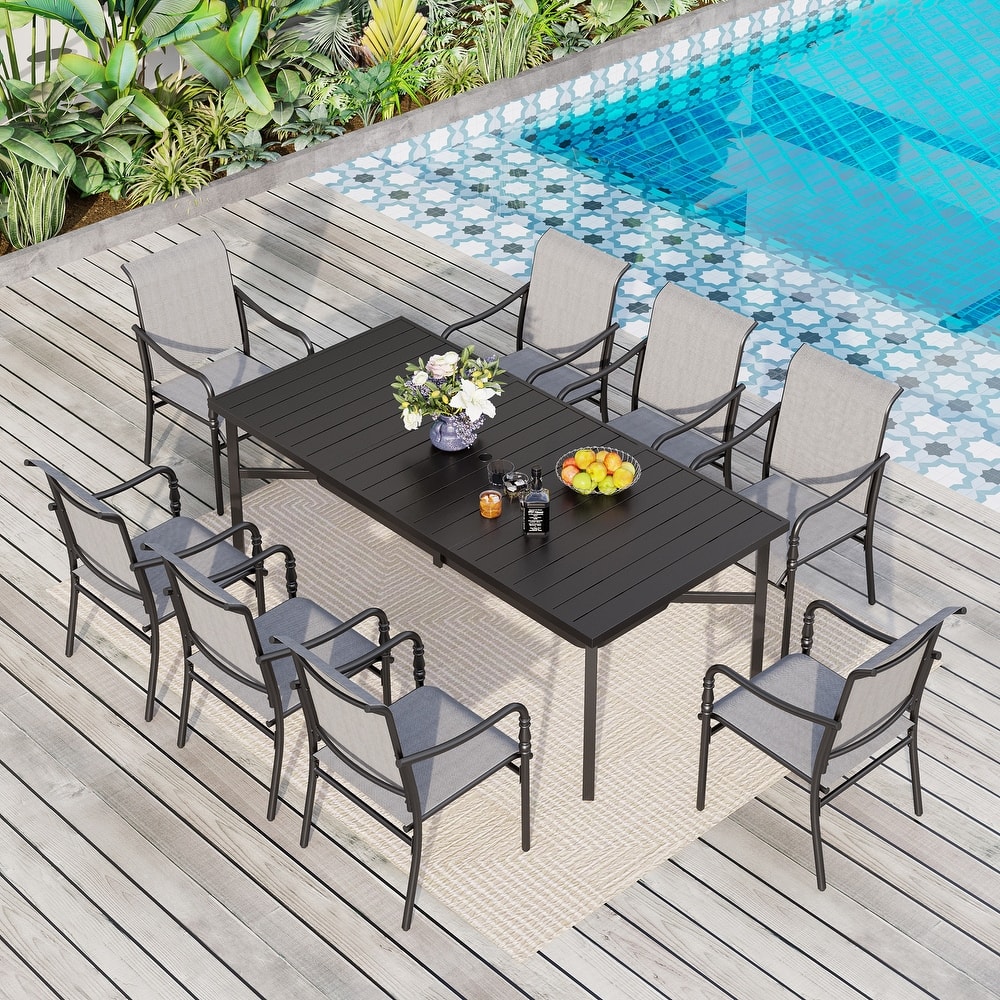 MAISON ARTS 9-Piece Patio Dining Set with Square/Rectangular Metal Table and 8 Gourd Head Shape Armrest Dining Chairs