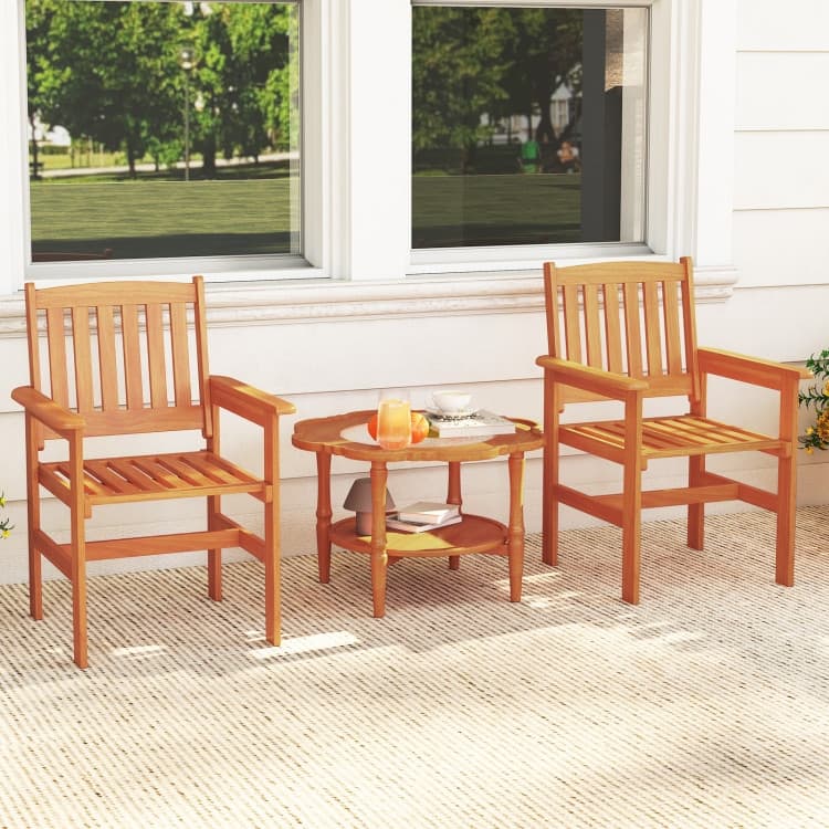 Natural Wood Patio Armchairs with Ergonomic Backrest and Slatted Seat Set of 2 - 24.5" x 24" x 35"