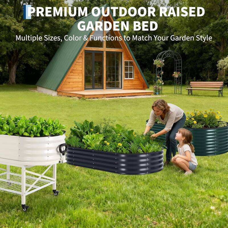 8x4x2 ft Oval Galvanized Steel Raised Garden Bed Kit with Zippered Cover - Open-Bottom Planter Gray