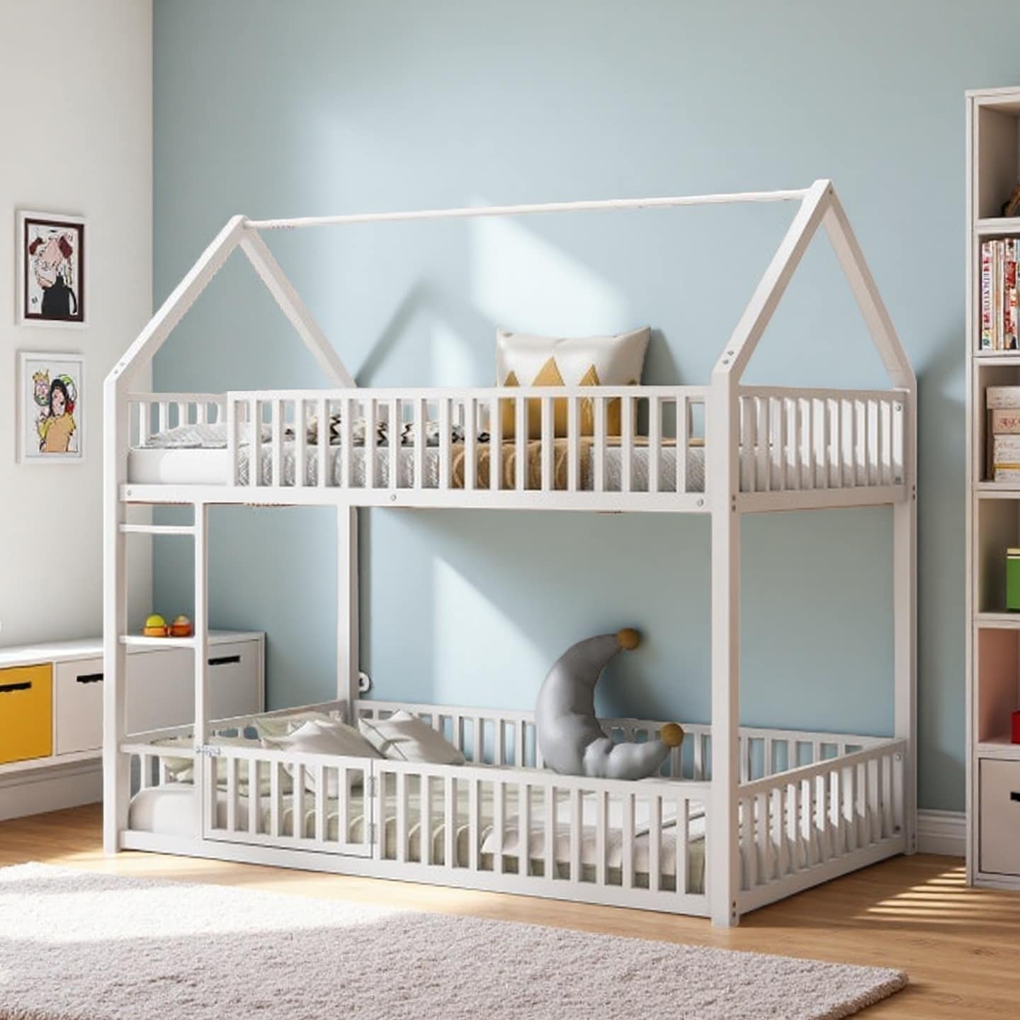 Twin House-Style Metal Bunk Bed Frame with Roof, Safety Fence and Entry Door, Space-Saving Kids Loft Design