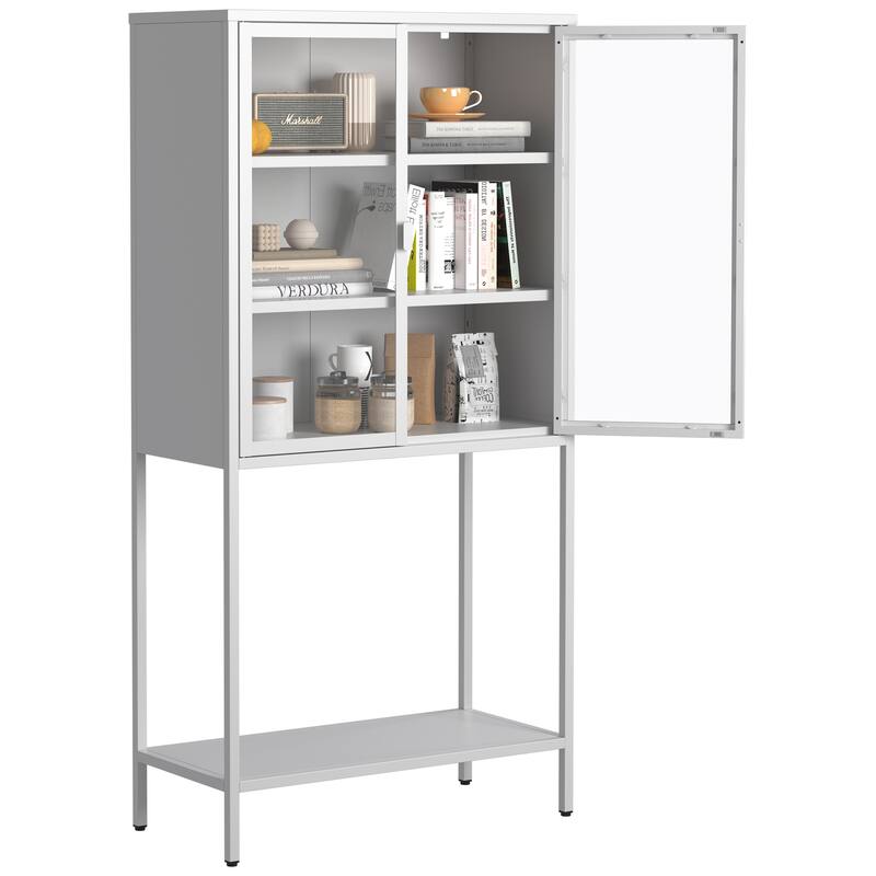 Heavy Duty Metal Storage Cabinet Sideboards & Buffet, Tall Bookcase Display Case with Glass Doors & 2 Adjustable Shelves