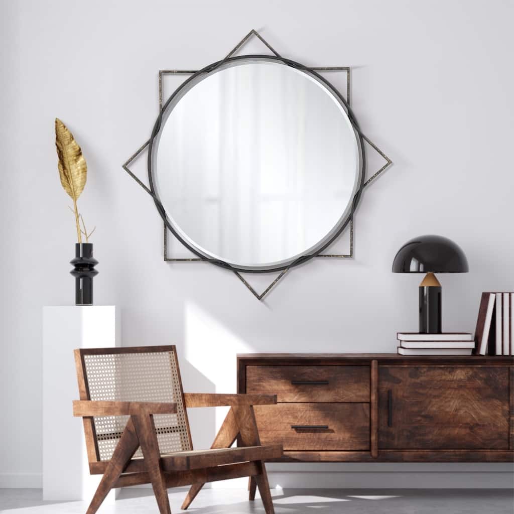 MacLuu Industrial Decorative Black Metal Hanging Wall Mirror - Antique Black - 30.71" W x 30.71" H x 0.79" D