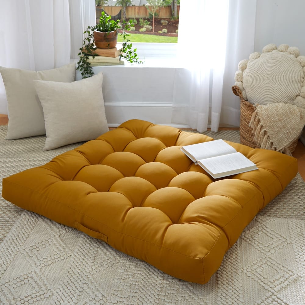 Sorra Home Large Solid Square Tufted Floor Pillow with Handle