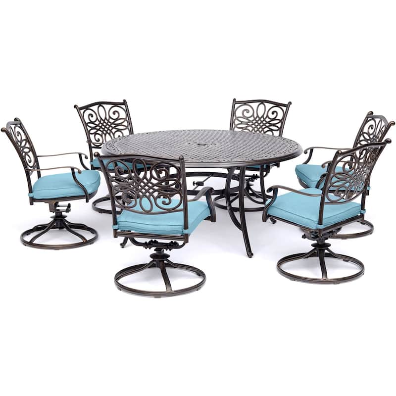 Hanover Traditions 7-Piece Dining Set in Blue with a 60 In. Round Cast-top Table and Six Swivel Rockers