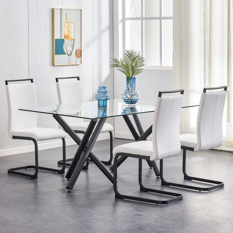 Modern Dining Chair, PU Faux Leather High Back Upholstered Side Chair with C-shaped Tube Black Coating Metal Legs