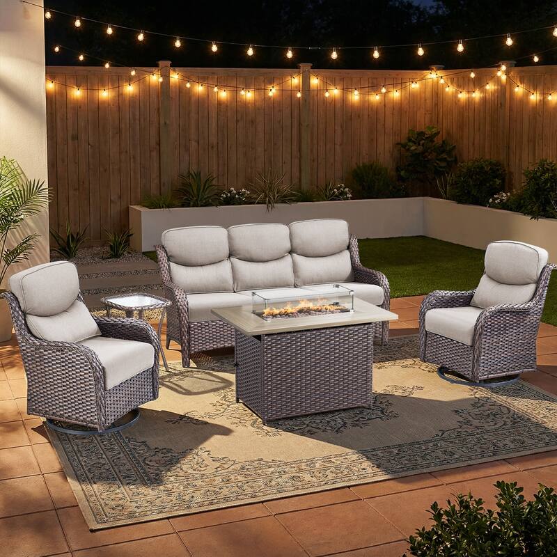 Pocassy Outdoor Fire Pit Sofa Swivel Chairs Conversation Set - Brown Wicker Beige Cushion - 5-Piece Sofa Swivel Chair Table w/ Fie Pit Table