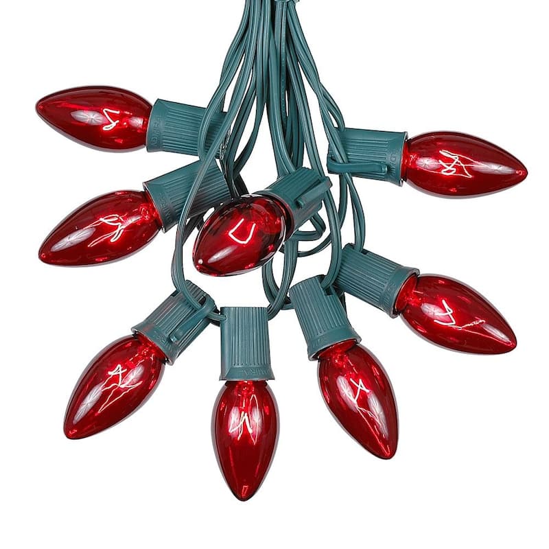 25 Foot C9 Christmas Light Set, Hanging Patio String Lights, Green Wire - Red