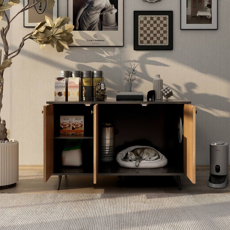 Anmytek Cat Litter Box Furniture with Hidden Plug, 3 Doors,Indoor Cat Washroom Storage Bench Side Table Cat House - Black+Brown