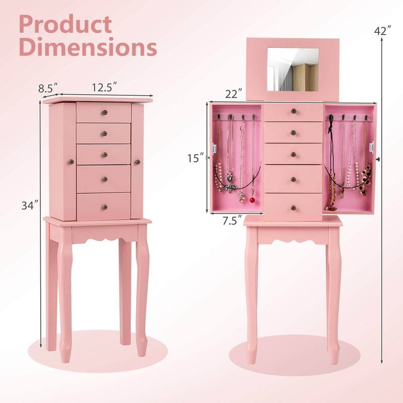 Costway Jewelry Cabinet Storage Chest Standing Organizer Mirror White - See Details