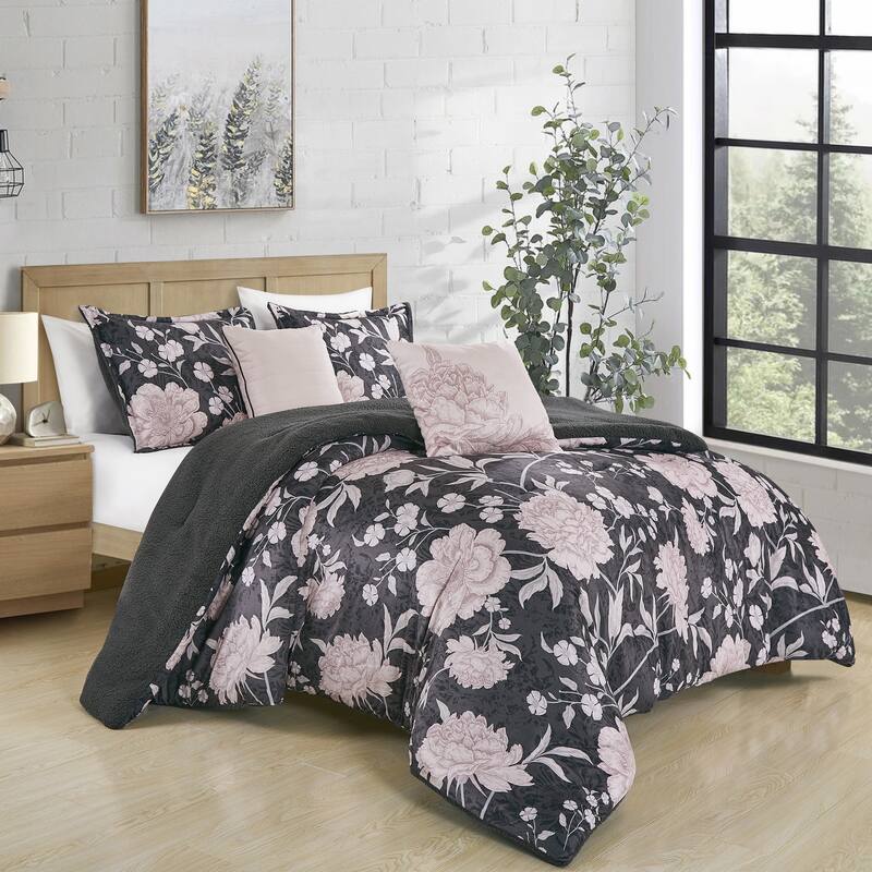 5 PC Velvet Reversible Comforter set - Oversized King - Dark Grey/Pink