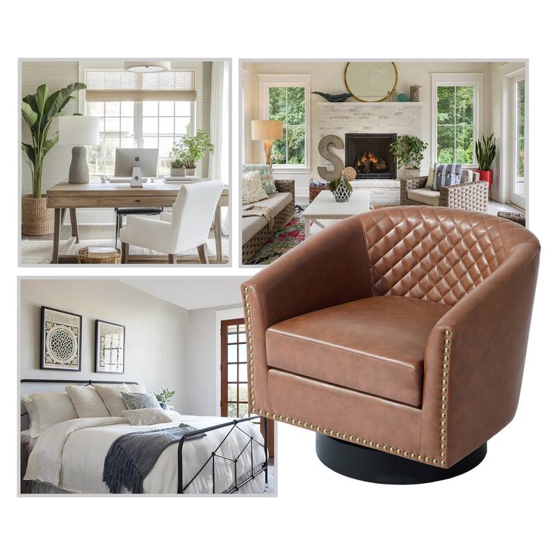 Modern Armchair Faux Leather Nailhead Trim Swivel Accent Chair