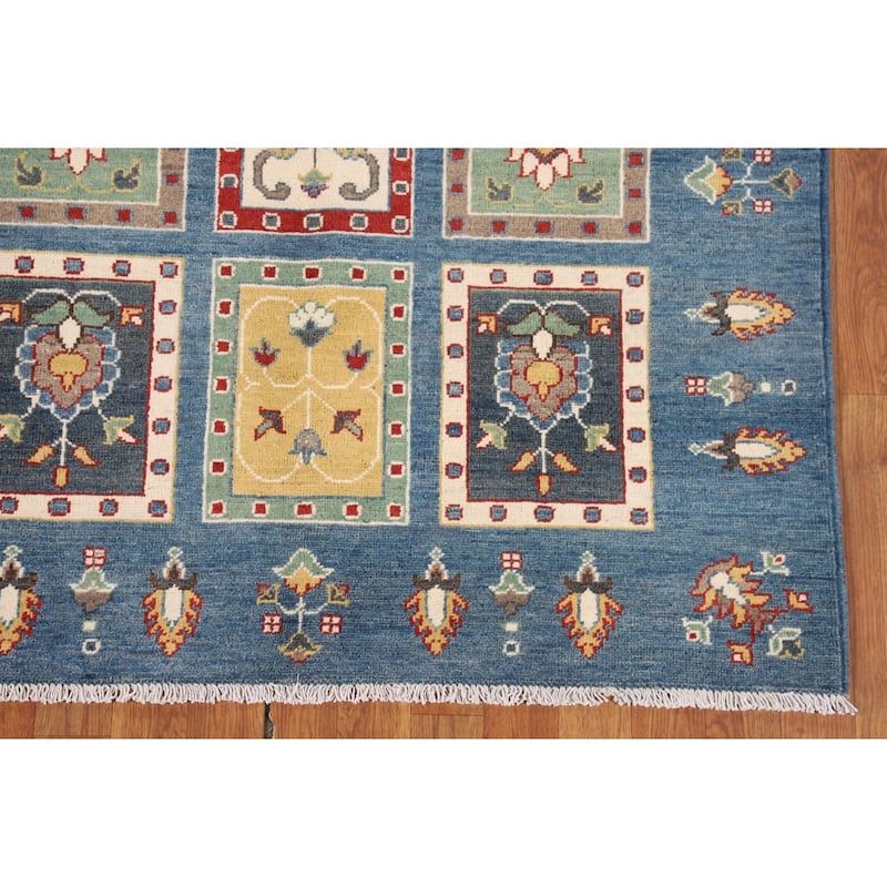 Blue Geometric Kazak Area Rug Hand-Knotted Wool Carpet - 4'2" x 5'11"