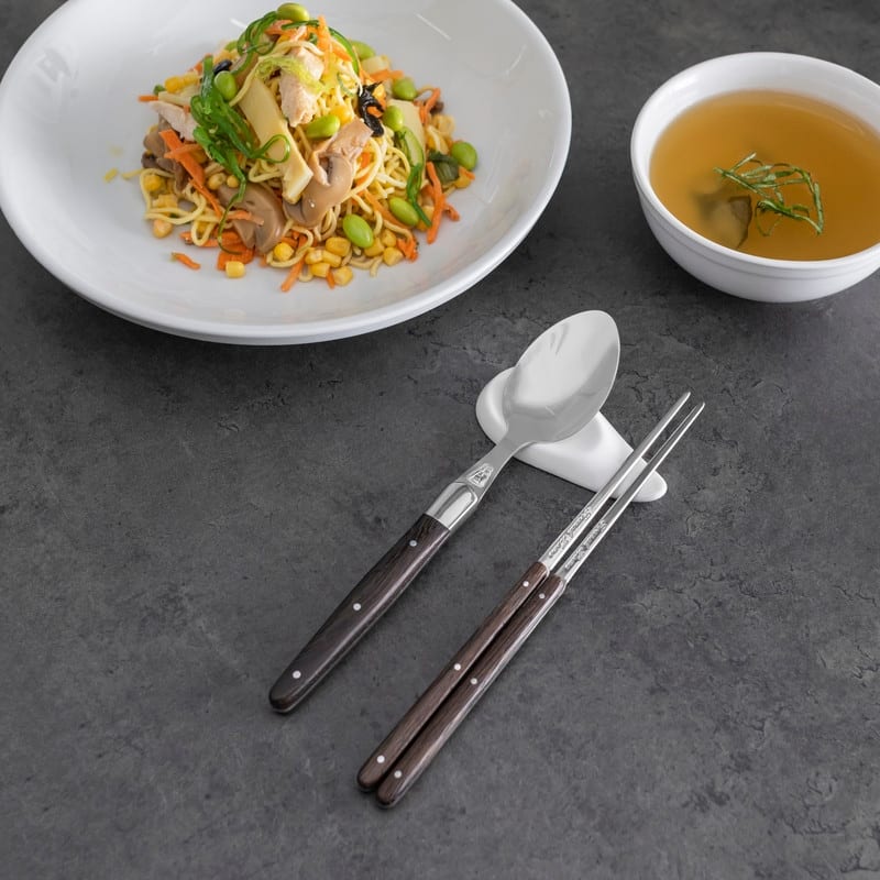 French Home Wenge Wood Chopsticks, Laguiole Spoons, and Ceramic Rests, Set of 2 Pairs