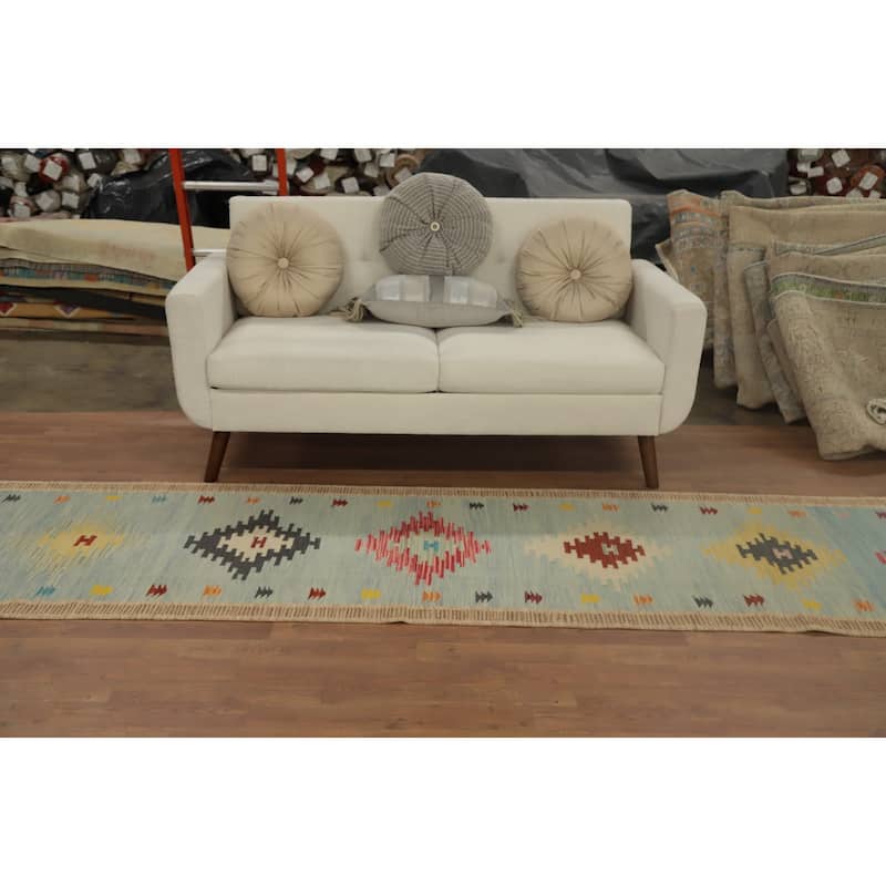 Hand Woven Oriental 100% Wool Carpet Southwestern Tribal Navy Blue & Blues Kilim Runner Rug - 11' 8'' X 2' 9''