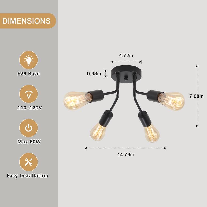 Modern 4-Light Semi Flush Mount Ceiling Light for Dining Room Bedroom Hallway Entryway