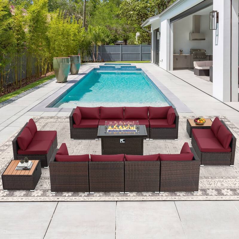 12-Person Patio Conversation Set with Fire Pit Table, All-Weather Wicker Outdoor Furniture