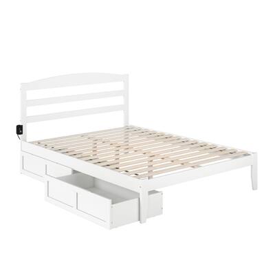 Queen Platform Bed with Drawers - White Storage Bed with Charging Station & Solid Wood Construction