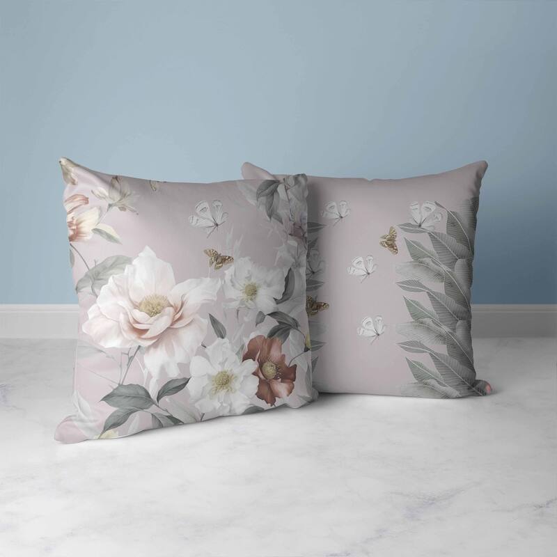 Leafy Lepidoptera Medley Faux Suede Reversible Throw Pillow White and Silver