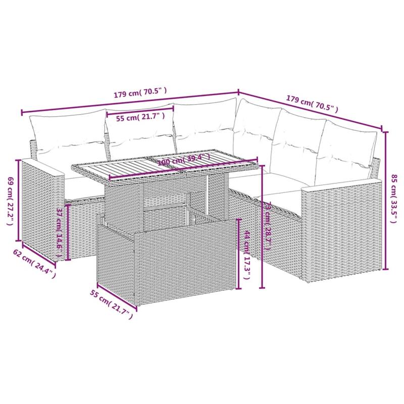vidaXL Patio Sofa Set with Cushions Outdoor Furniture 6 Piece Poly Rattan - 24.4 x 24.4 x 27.2