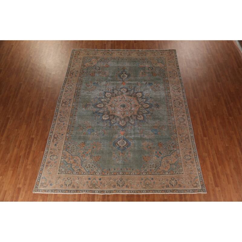 Green Tabriz Persian Vintage Area Rug Hand-Knotted Wool Carpet - 9'6"x 12'7"