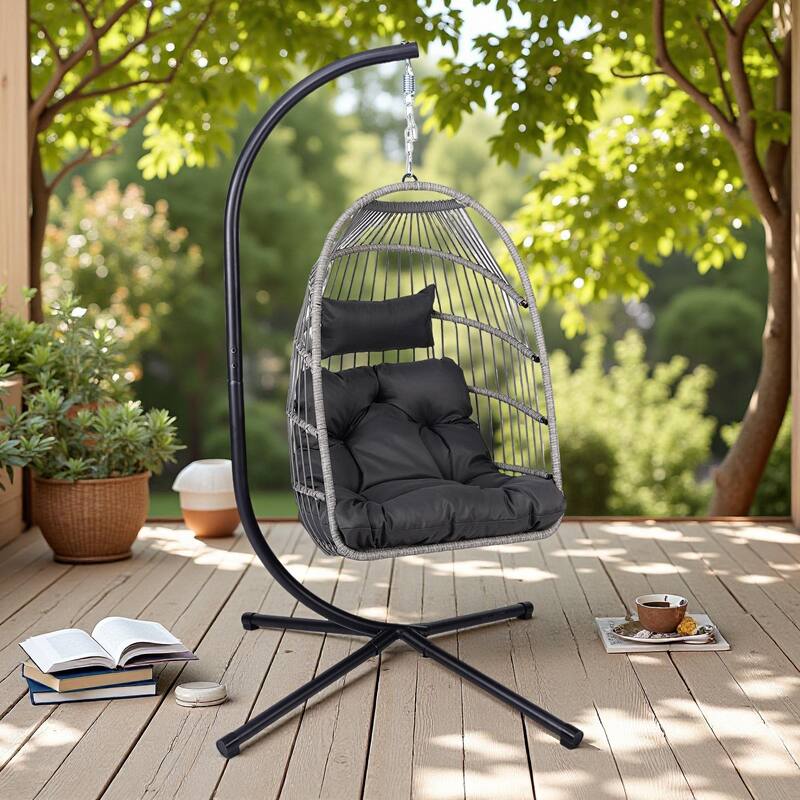 HDPE Egg Hanging Chair with Stand - 350lb Capacity Indoor/Outdoor Swing Chair, Includes Cushion and Adjustable Chain - Black+ Gray