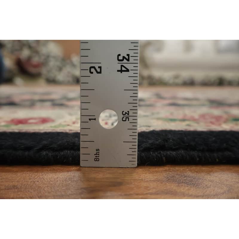 Hand Knotted Oriental 100% Wool Carpet Traditional Floral Black Aubusson Runner Rug - 10' 0'' X 2' 6''