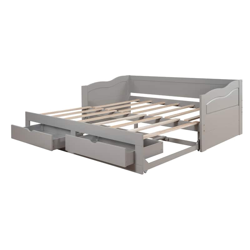 Wooden Daybed with Trundle Bed and Two Storage Drawers , Extendable Bed Daybed,Sofa Bed with Two Drawers, Espresso