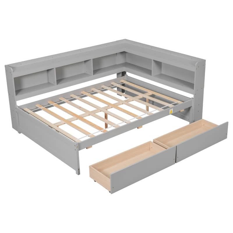 Twin/Full Bed with Storage Drawers and LShaped Bookcases, Wood