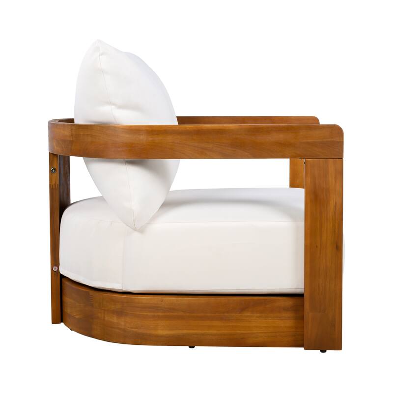 Outdoor Acacia Club Chair, Patio Floor Curved Accent Chair with Wood Armrests Modern Pool Upholstered Side Chair
