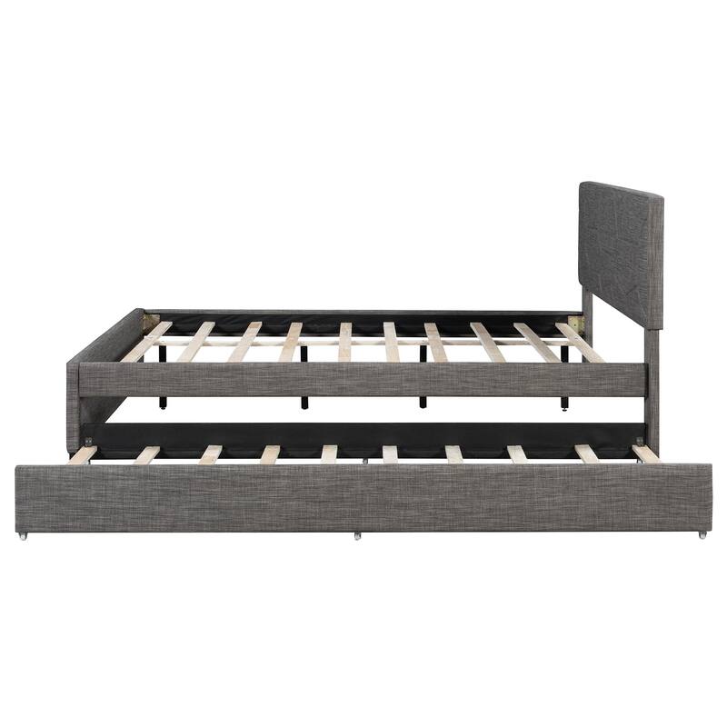 Queen Size Upholstered Platform Bed with Brick Pattern Headboard and Twin XL Size Trundle, Linen Fabric, Gray