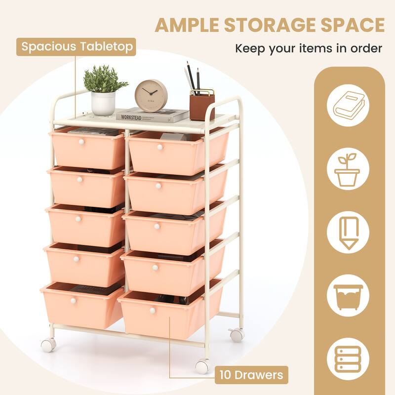 Gymax 10-Drawer Storage Cart Utility Rolling Trolley Kitchen Organizer