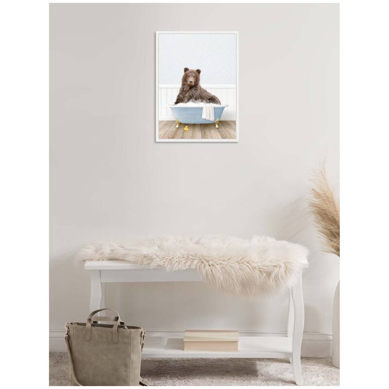 Kate and Laurel Sylvie Bear in Cottage Blue Bathtub Framed Canvas by Amy Peterson