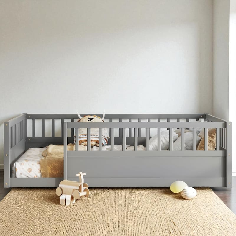 Twin/Full Montessori Floor Bed with High Fence & Open Door, Solid Pine, Playroom/Bedroom, No Box Spring