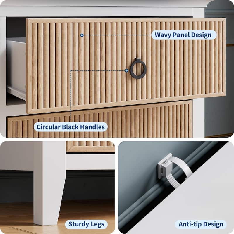 Fluted 6 Drawer Dresser for Bedroom, 47" Wide Modern Wooden Chest with Wavy Panel & Metal Handles