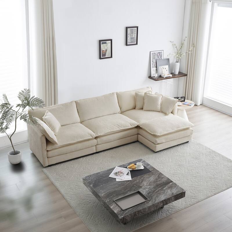 GDFStudio - Jimmy Chenille L-Shaped 3 Seater Sofa and 1 Ottoman with Pillow - Beige