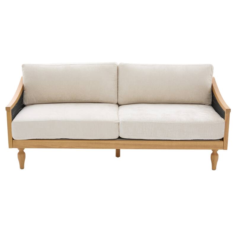 Roomfitters Mid-Century Modern Loveseat Sofa with Rattan Armrests, Solid Wood Frame