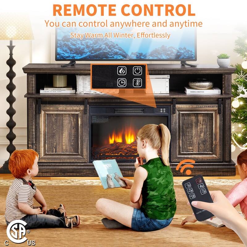 58-60" Fireplace TV Stand for 55-65" TVs w/ 18-23" Insert Farmhouse/Modern/Rustic Barn/Glass Doors Espresso/Grey/Brown/White Oak