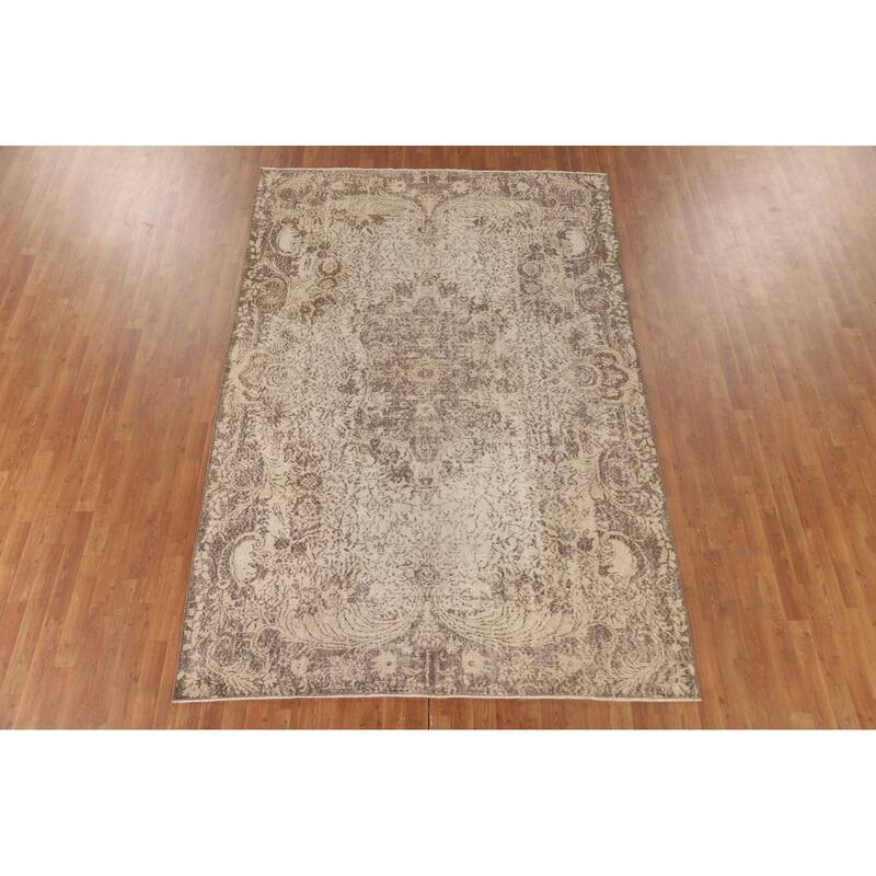 Distressed Anatolian Turkish Vintage Rug Handmade Beige Wool Carpet - 6'6" x 9'8"