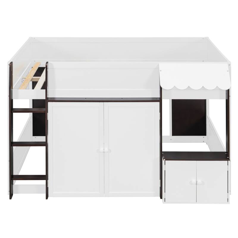 Full Size Loft House Bed with Playhouse Design & Storage, Modern Wooden Cabin Bed with Guardrails and Ladder for Kids, Teens