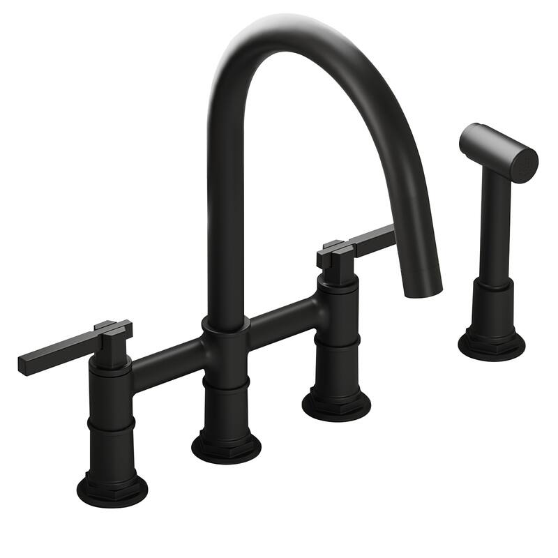 Modern Double Handle 4-Holes Deck Mount Bridge Kitchen Faucet in Black - Matte Black