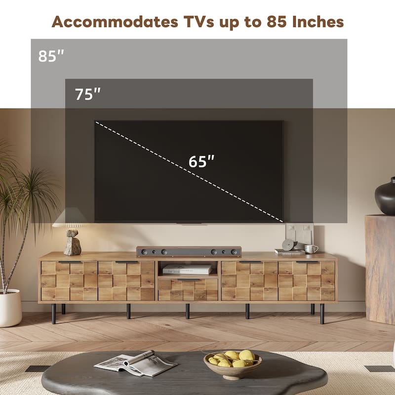 Checkered Design TV Stand for Large TVs up to 85", Wooden TV Console Media Storage Cabinet for Living Room, Natural