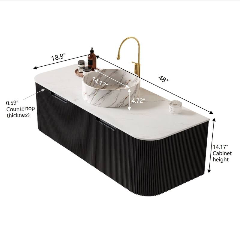 48" Bathroom Vanity with Sink, Wall-Mounted Bathroom Storage Cabinet with 2 Drawers, Round Ceramic Basin with Stone Pattern