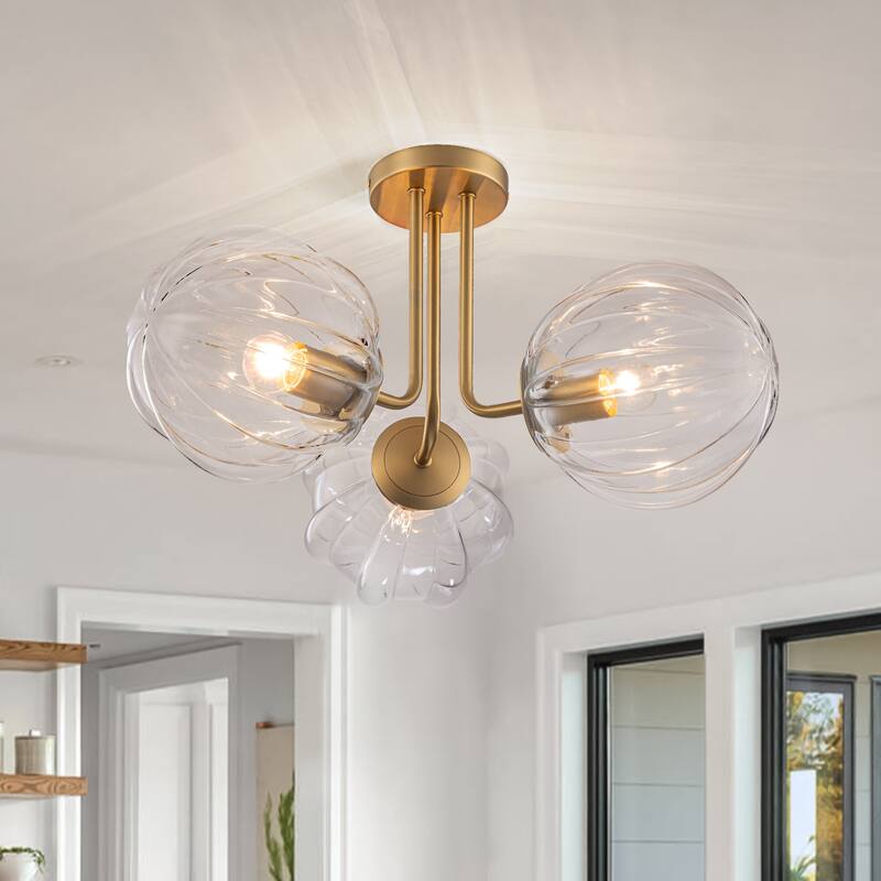 3-Light Contemporary Semi Flush Mount with Ripple Glass - Gold