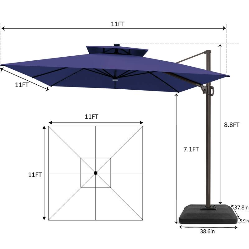 11 FT Square Outdoor Patio Cantilever Umbrella with Solar Lights 4-Piece Premium Base Double Canopy 360 Rotation Tilt