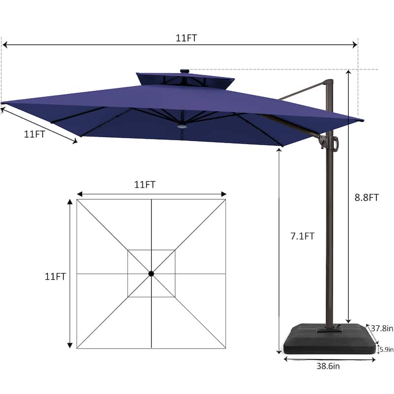 Pellebant 11X11 FT Outdoor Square Cantilever Patio Umbrella Solar LED Lighted with Premium Base Stand